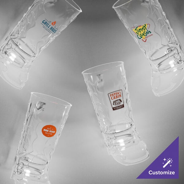 A clear plastic cowboy boot mug with a logo on it.