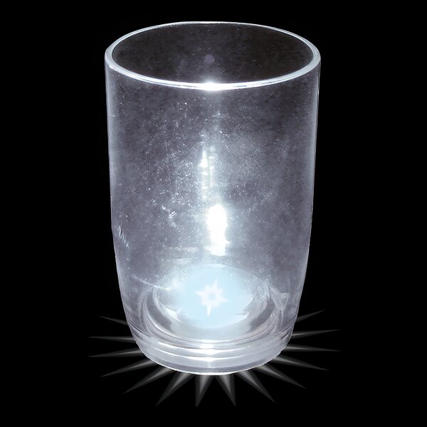 A clear customizable plastic stemless wine cup with a white LED light inside.