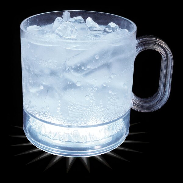 A clear plastic mug with ice and water.