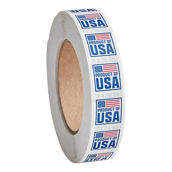 A roll of white tape with blue and red stickers with "Point Plus 1" x 1" Product of USA Permanent Label" on it.