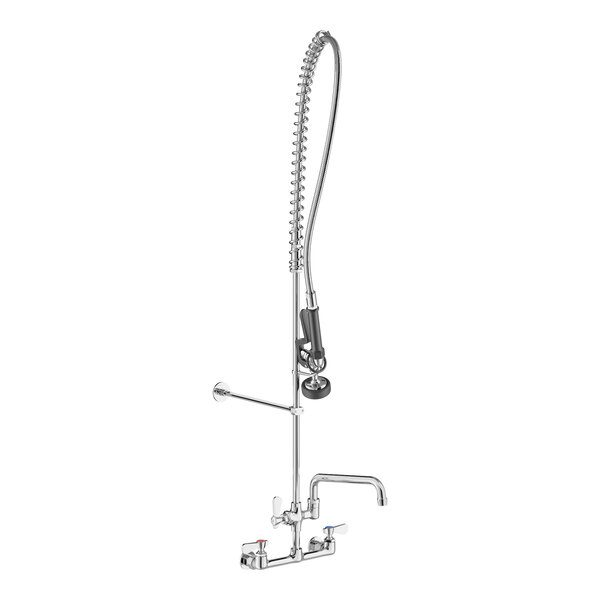 A chrome Regency wall-mounted pre-rinse faucet with a hose.