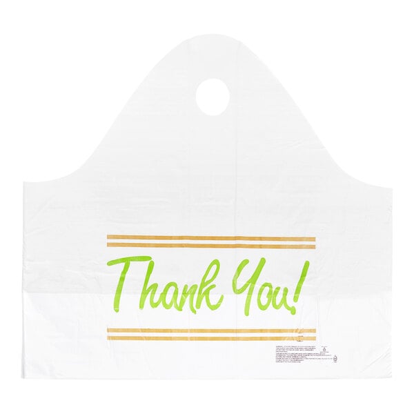 A white plastic bag with a wave-shaped handle and the words 'Thank You!' printed in green between two yellow lines.