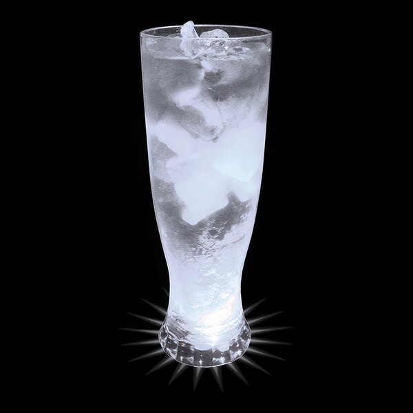 A customizable plastic pilsner cup with ice and a white LED light in it.
