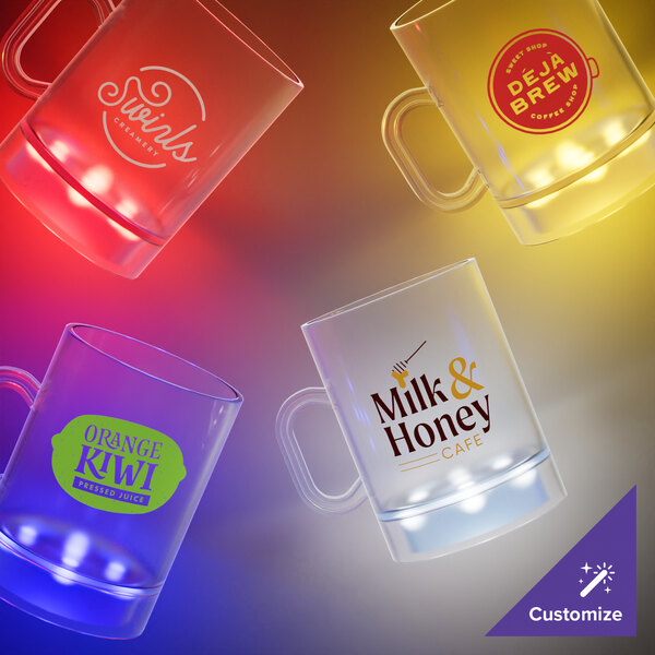 A group of 16 oz. plastic mugs with handles and white LED lights in different colors.