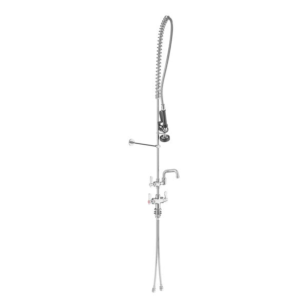 A white Regency deck-mounted pre-rinse faucet with a hand held shower head and hose.
