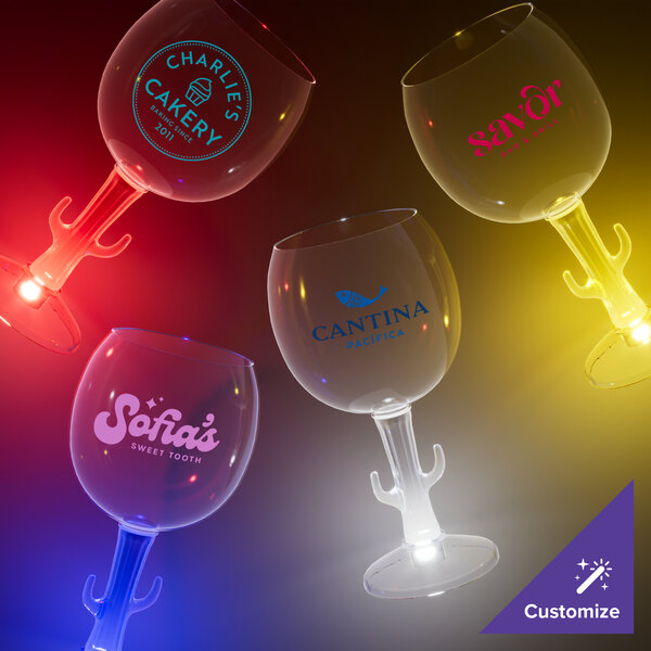 A group of 12 oz. plastic cactus stem goblets with white LED lights.