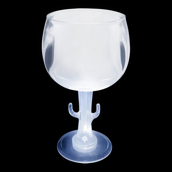 A clear plastic goblet with a cactus stem and a hook on it with a white LED light inside.