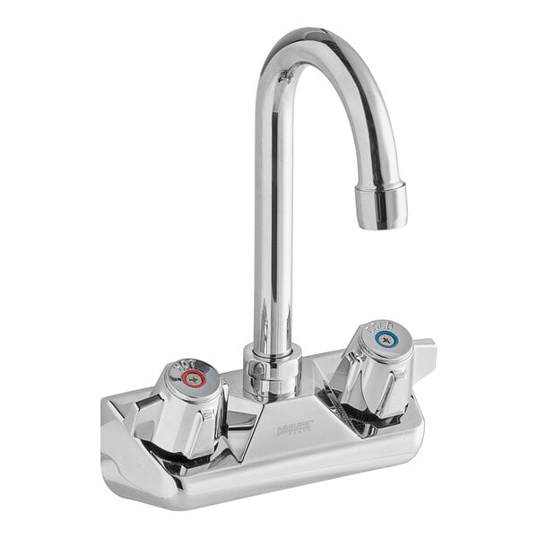 A chrome wall-mounted faucet with two silver knobs and a swivel gooseneck spout.