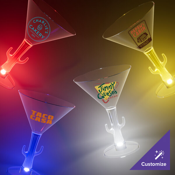 Three customizable plastic cactus stem martini glasses with white LED lights.