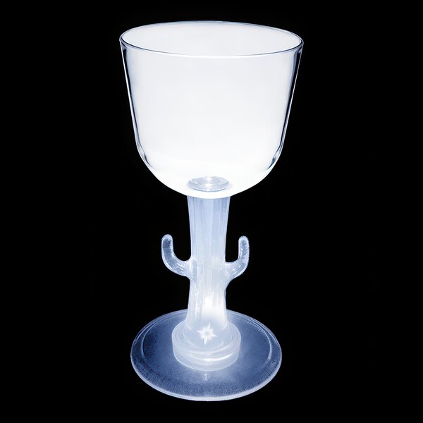A clear plastic wine cup with a cactus shaped stem.