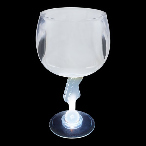 A close-up of a 12 oz plastic guitar stem goblet with a white LED light inside.