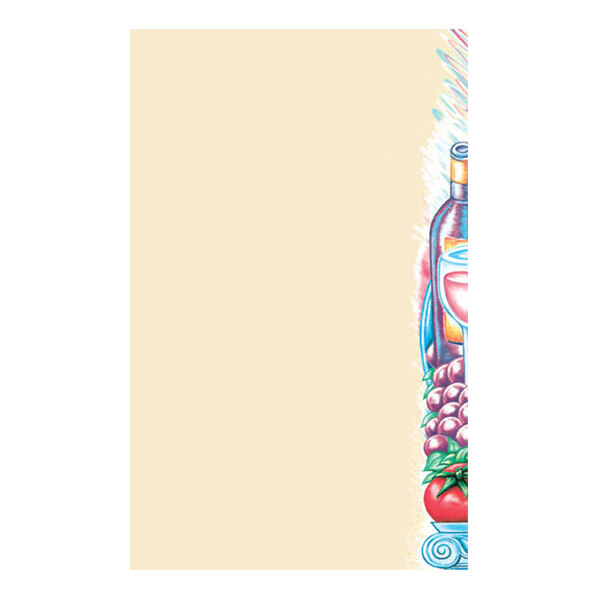 A beige sheet of paper with a colorful illustration on the right edge featuring a wine bottle, a wine glass, grapes, and a tomato.