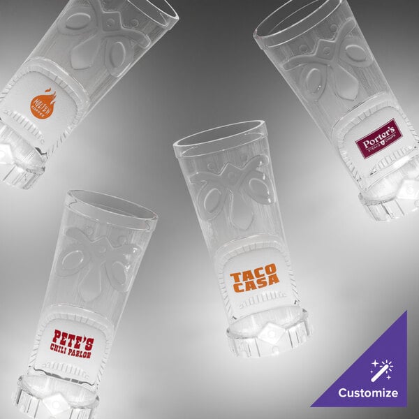 A close-up of a 15 oz. Customizable Plastic Tiki Cup with white LED lights inside.