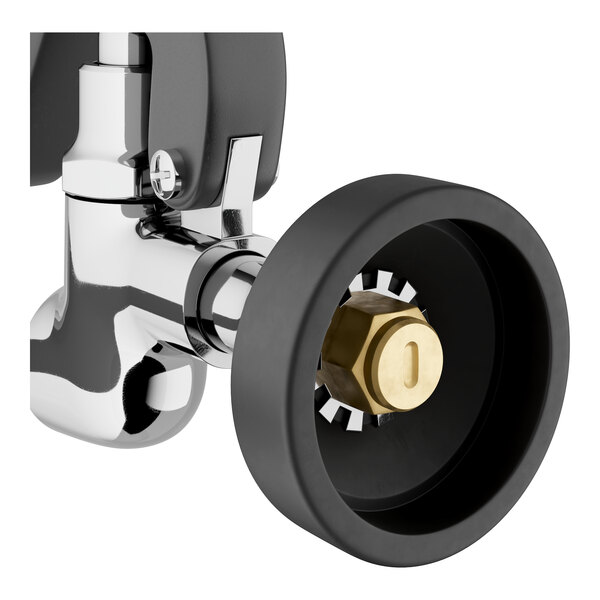 A close-up of a chrome Regency Pre-Rinse Spray Valve with a gold nut.