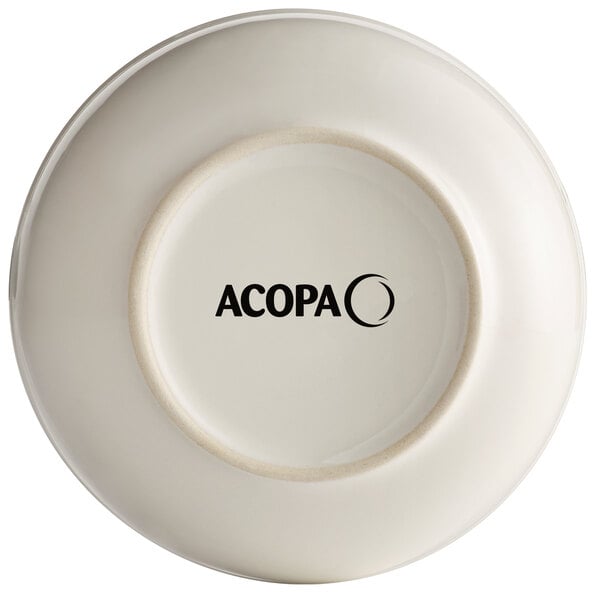 An Acopa ivory stoneware bowl with black text that reads "Acopa"