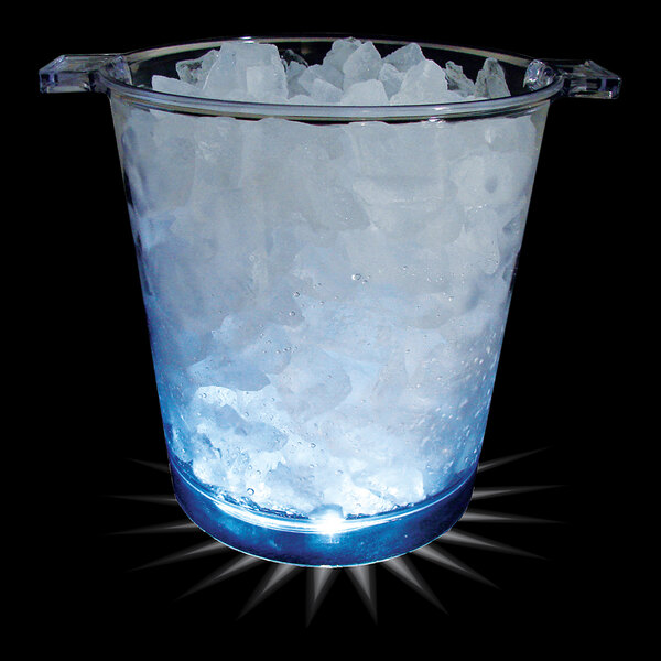 A bucket of ice with blue lights inside.