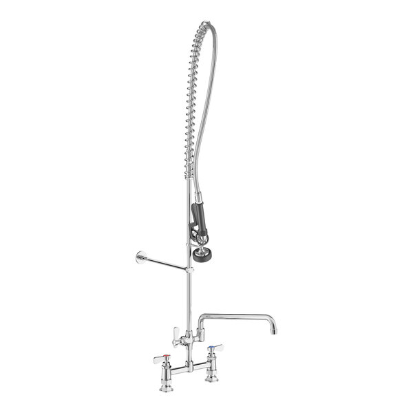 A chrome Regency deck-mounted pre-rinse faucet with a hose.