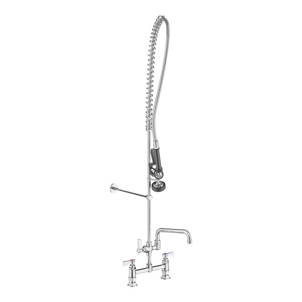 A chrome Regency deck-mounted pre-rinse faucet with a hose.