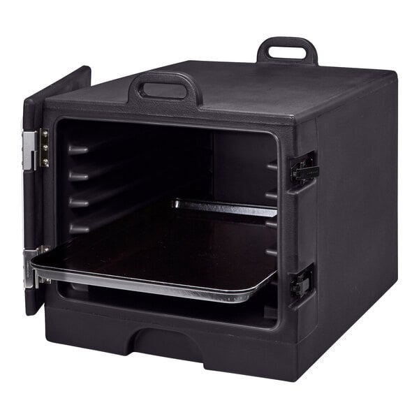 A black Cambro insulated tray carrier with a door open.