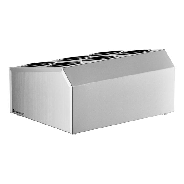 A silver rectangular stainless steel flatware organizer with six black perforated plastic cylinders.