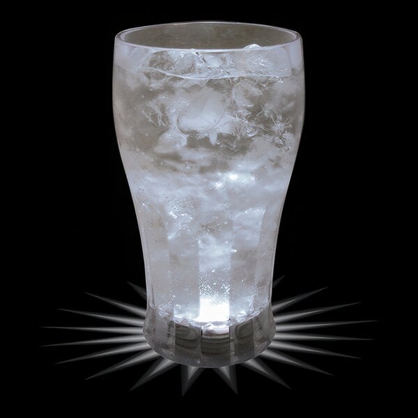 A customizable plastic soda cup with ice and a white LED light in it.