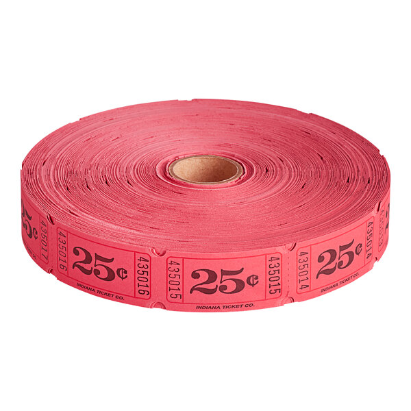 A roll of red 1-part raffle tickets with the number 25 on them.