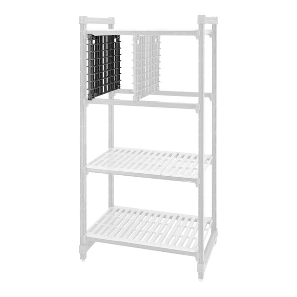 A white plastic Cambro Camshelving unit with three shelves.