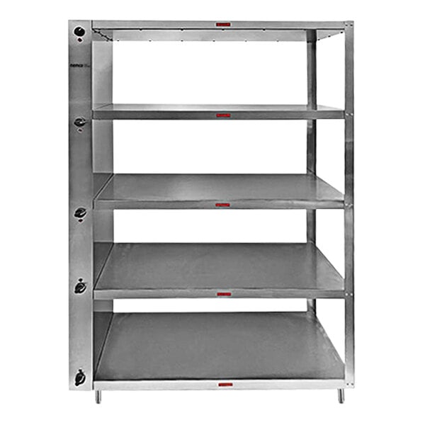 A stainless steel Nemco heated to-go shelf with three shelves.