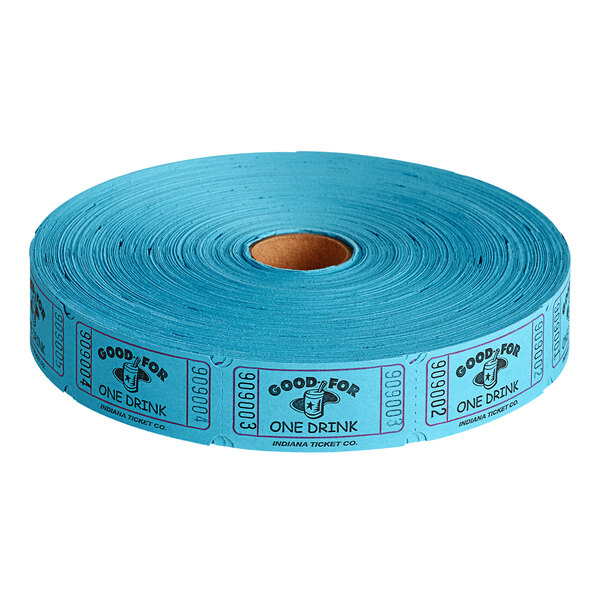 A roll of blue 1-part raffle tickets with "Good for One Drink" on them.