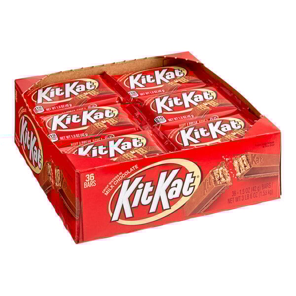 A case of KIT KAT Milk Chocolate Bars on a table.