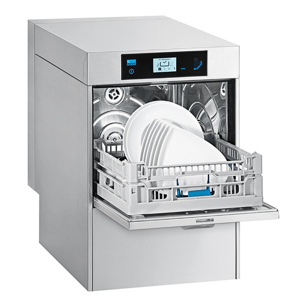 A Meiko undercounter glass washer with white plates inside.