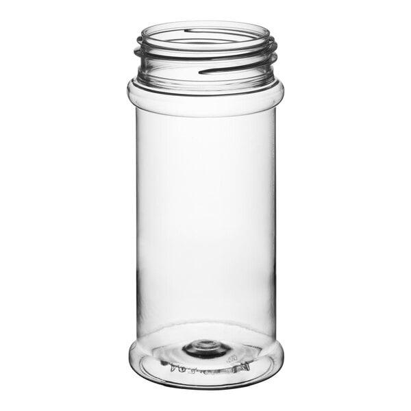 A clear plastic round spice jar with a white lid.