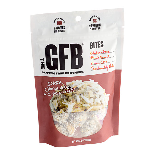 A GFB box of Dark Chocolate Coconut Bites on a white background.