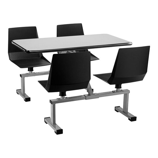 A black National Public Seating Fusion Maple rectangular table with white edges and black seats.