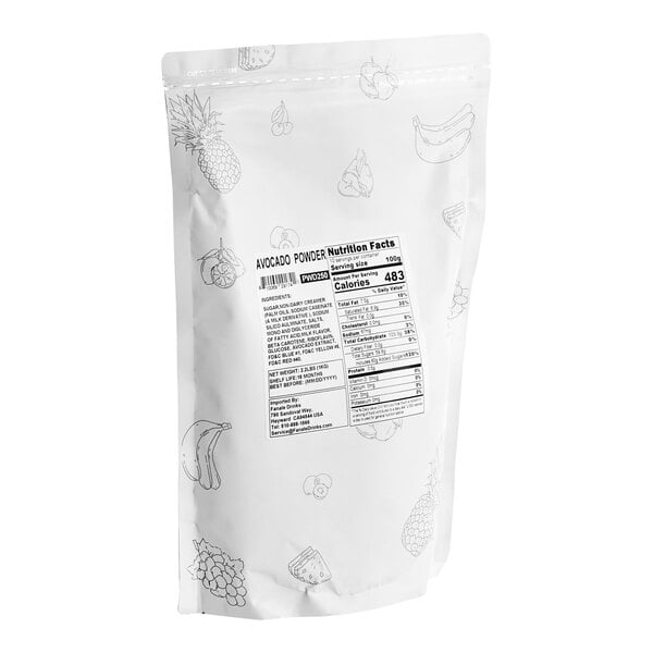 A white bag of Fanale Avocado Powder Mix with black and white text and images.