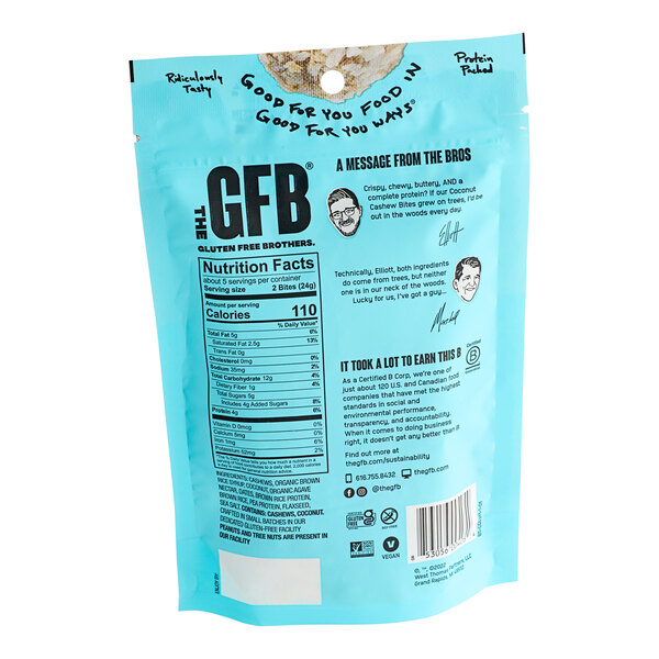 A blue package of The GFB Coconut Cashew Bites with black text and images.