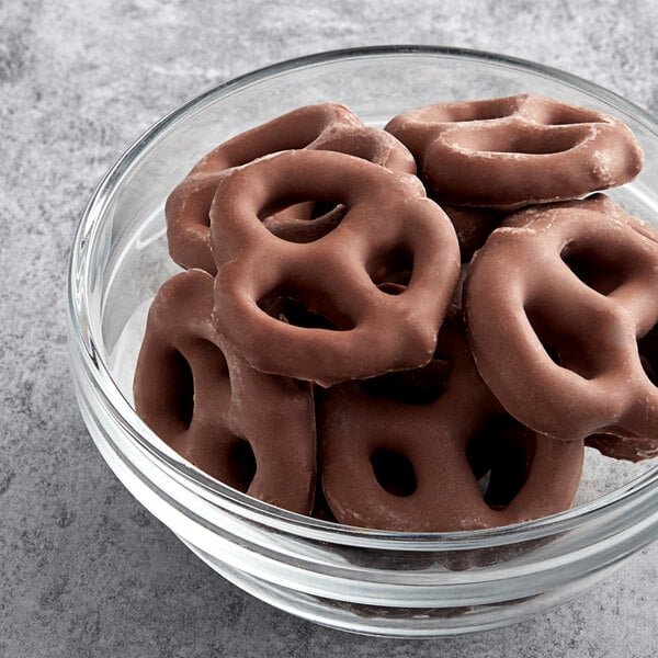 A bowl of Chocolate Covered Pretzels.