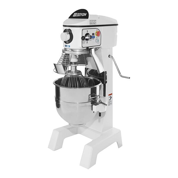 A white Doyon commercial floor mixer with a silver bowl.