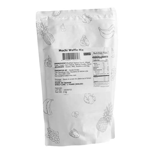 A white bag of Fanale Mochi Waffle Powder Mix with a pattern on it.