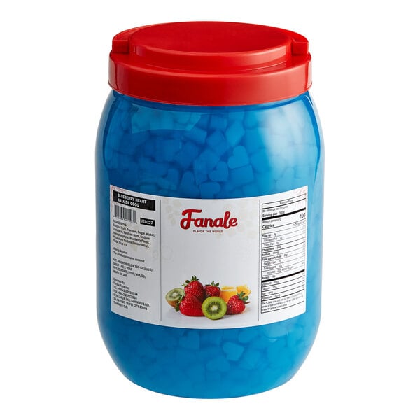 A blue jar of Fanale Blueberry Heart-Shaped Jelly Topping with a red lid.