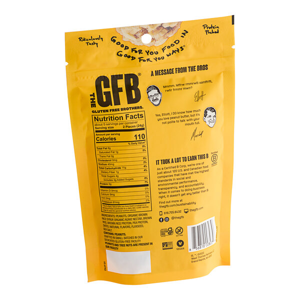 A yellow bag of The GFB Peanut Butter Bites with black text and images.