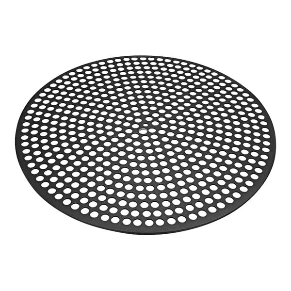 A black round LloydPans pizza disk with holes.