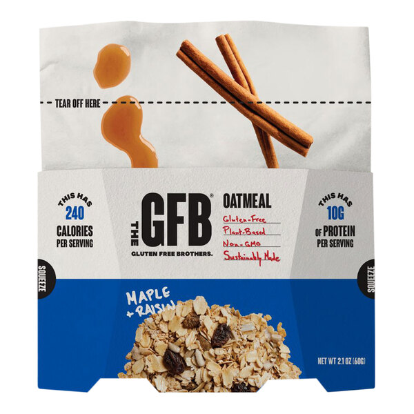 A white box of The GFB Maple Raisin Oatmeal packets.