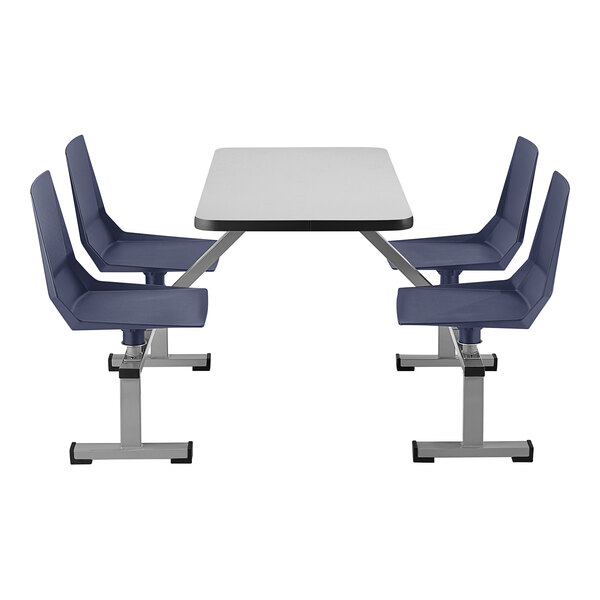 A National Public Seating Fusion Maple cluster table with navy seats on black legs.