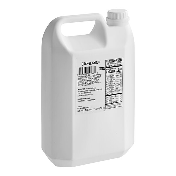 A white plastic jug of Fanale Orange Concentrated Syrup with a label.