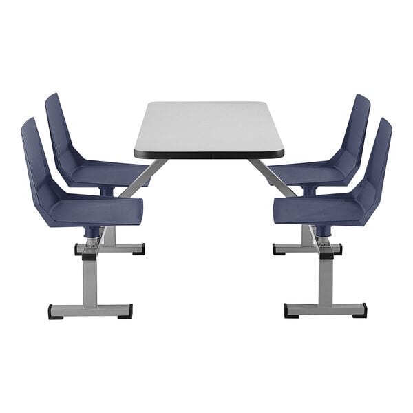 A National Public Seating Bannister Oak cluster swivel booth table with navy seats and black legs.