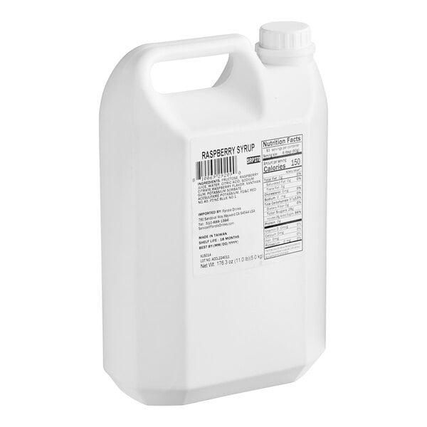 A white plastic jug of Fanale Raspberry Concentrated Syrup with a label.