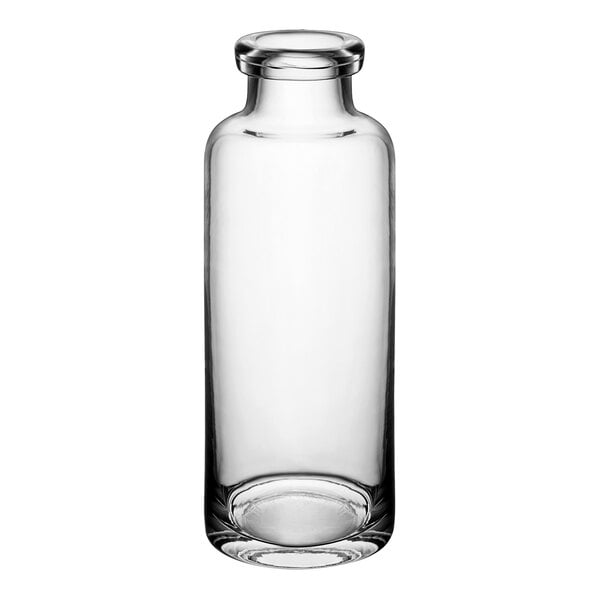 An Acopa clear glass water bottle with a cap on a white background.