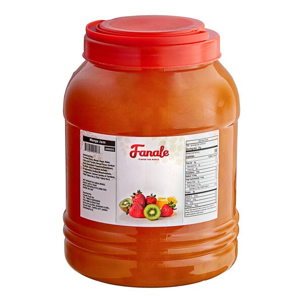 A jar of Fanale Mango Fruit Jam with a red lid and label.