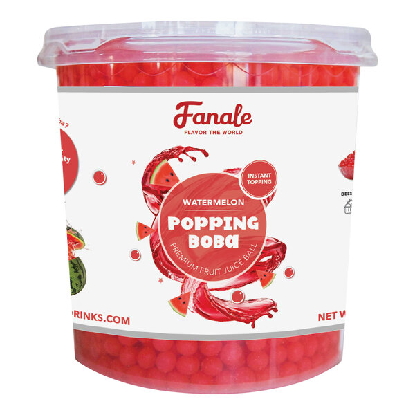 A container of Fanale Watermelon popping boba filled with red fruit balls.